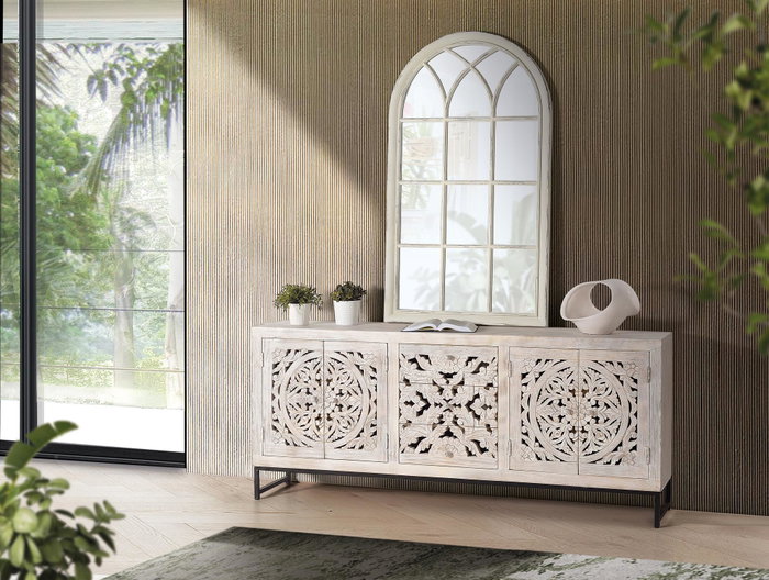 GINER Y COLOMER - Buffet en bois de manguier massif et métal avec 4 portes, 3 tiroirs, finition blanc vieilli - 80 x 190 x 38 cm